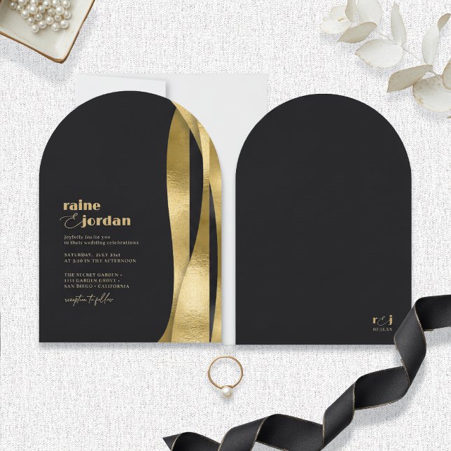 Invitation Vagues Sculpturales Mariage Or Mat Noir ID1312 (Créateur téléchargé)