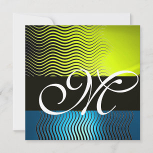 Invitation VAGUES STYLÉES MONOGRAMME, bleu saphir jaune