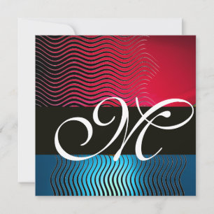 Invitation VAGUES STYLÉES MONOGRAMME,Bleu Saphir,Rouge Bourgo