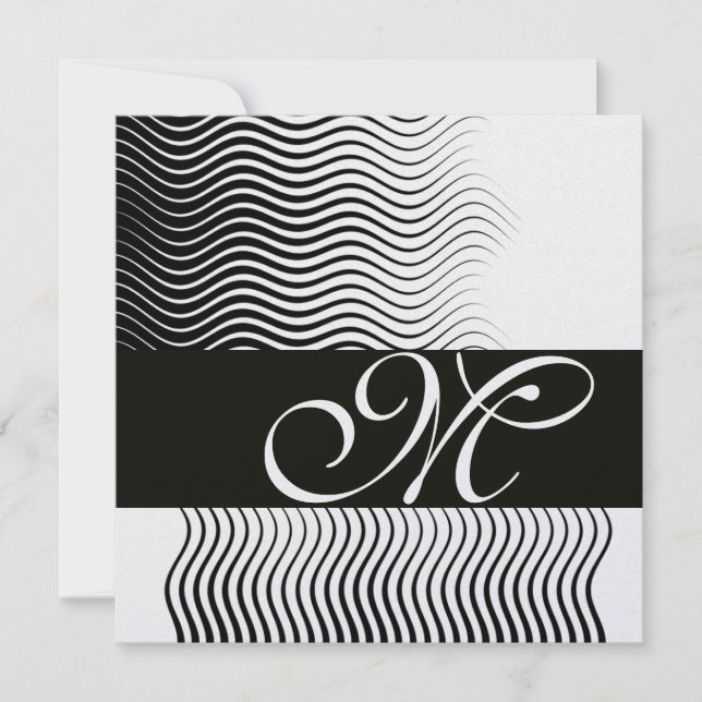 Invitation VAGUES STYLÉES MONOGRAMME,noir blanc,métallisé giv (Devant)