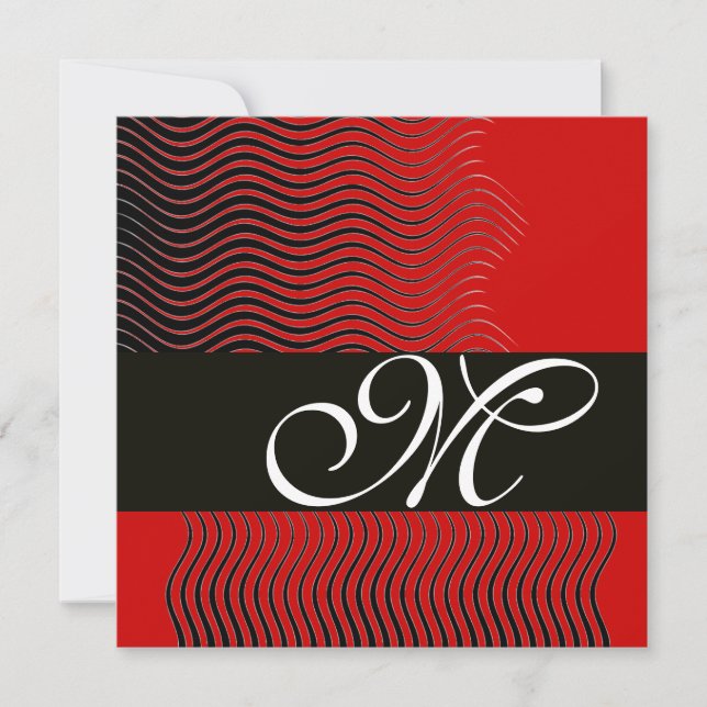 Invitation VAGUES STYLÉES MONOGRAMME, noir et blanc, rouge (Devant)