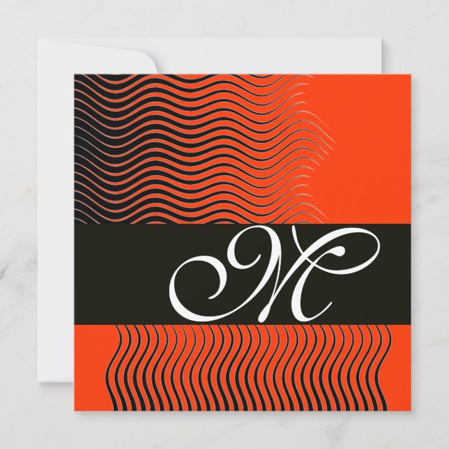 Invitation VAGUES STYLÉES MONOGRAMME, noir et blanc, rouge (Devant)