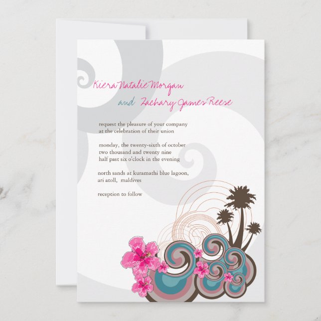 Invitation Vagues tropicales Hibiscus rose Destination Mariag (Devant)