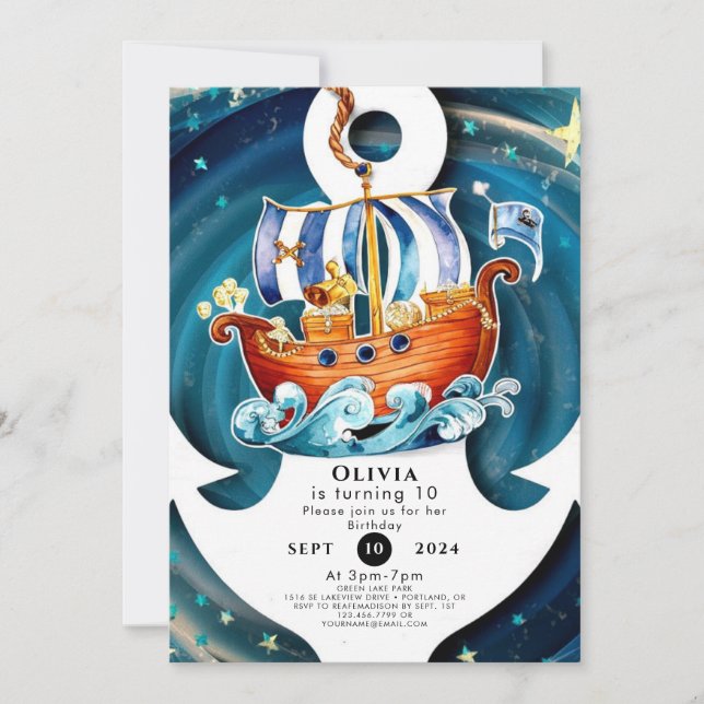 Invitation Vagues Whimsical Ahoy Matey Pirate Anniversaire (Devant)