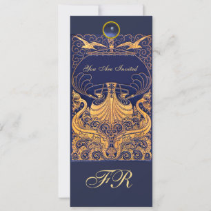 Invitation Vaisseau Antique,Dauphins,Jaune,Monogramme Bleu Ma