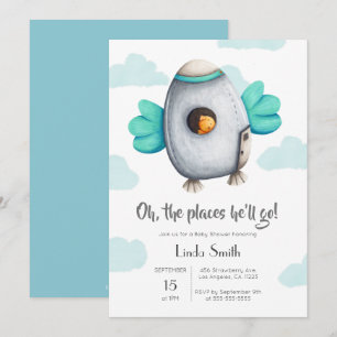 Invitation Vaisseau bleu et blanc avec Baby shower d'oiseaux