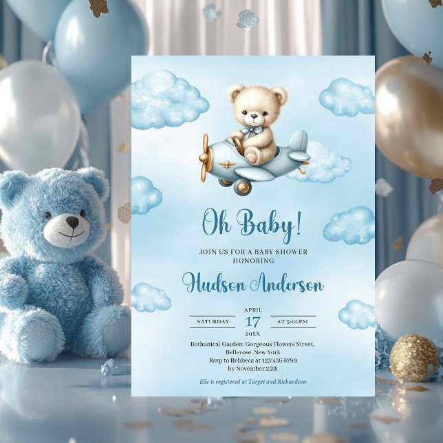 Invitation Vaisseau en peluche à l'aviateur baby shower garço (cute teddy bear pilot in airplane boy baby shower invitation downloadable)