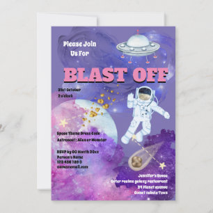 Invitation vaisseau fusée astronaute rose violet filles espac