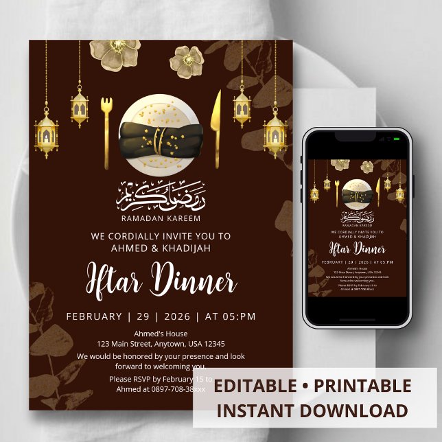 Invitation Vaisselle florale dorée pour dîner Iftar de Ramada (Créateur téléchargé)