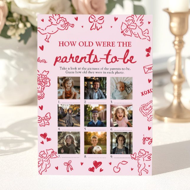 Invitation Valentin Rose Quel âge avaient les parents jeu (Pink Hand Drawn Baby Shower How Old Were They Game)