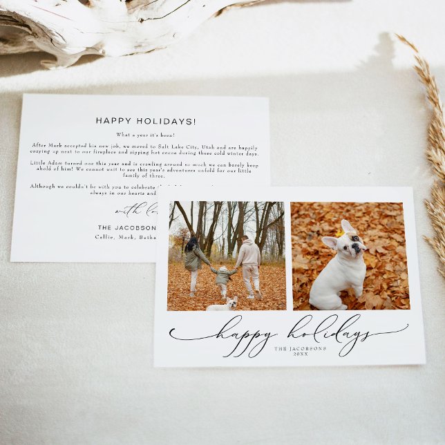 Invitation VALENTINA Elegant Script 2 Photo Joyeuses Fêtes (Elegant Script Two Photo Happy Holidays Minimalist Christmas Card)