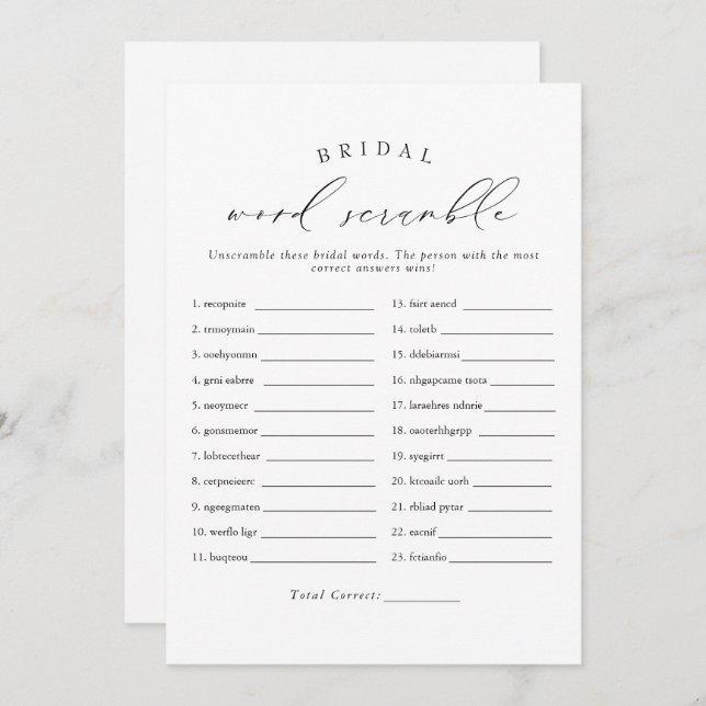 Invitation VALENTINA Elegant Script Bridal Word Scramble Jeu (Devant / Derrière)
