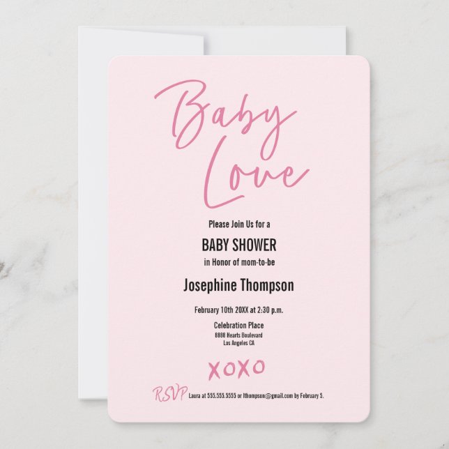 Invitation Valentine Baby Love Sweet Rose Baby shower XOXO (Devant)