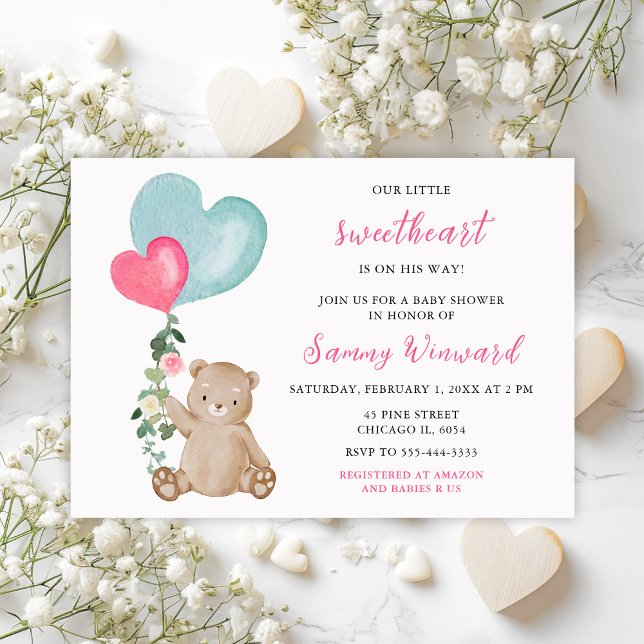 Invitation Valentine Bear Baby shower rose et bleu coeur (Créateur téléchargé)