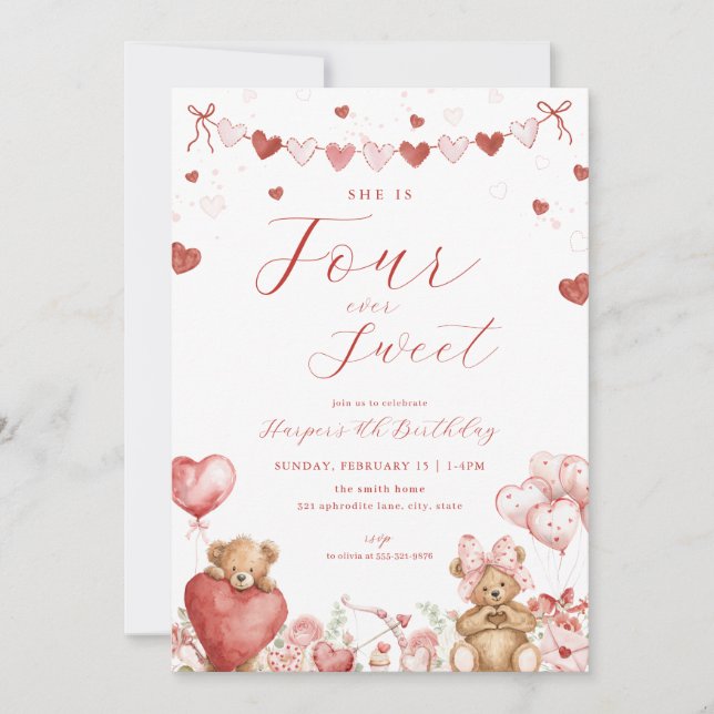Invitation Valentine Bear Four Ever Sweet 4th Birthday Invite (Devant)