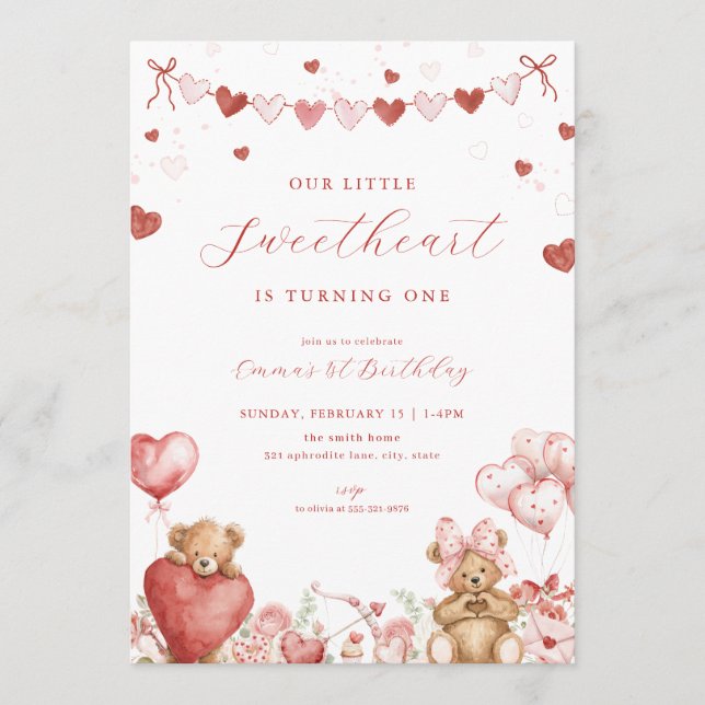 Invitation Valentine Bear Little Sweetheart Birthday Invite (Devant)