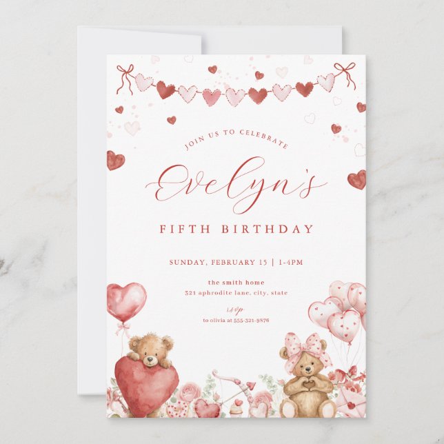 Invitation Valentine Bear Sweetheart Hearts Birthday Invite (Devant)