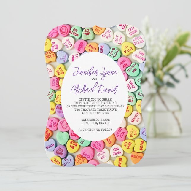 Invitation Valentine Candy Hearts Mariage (Debout devant)