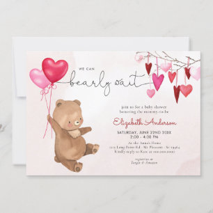 Invitation Valentine Coeur Ours Balloon rose Fille Baby showe