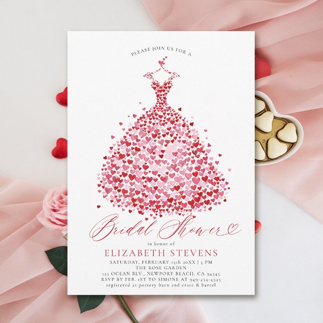 Invitation Valentine Coeurs habiller Élégante Fête des mariée (valentine bridal shower invitations whimsical hearts watercolor elegant dress modern minimalist red)