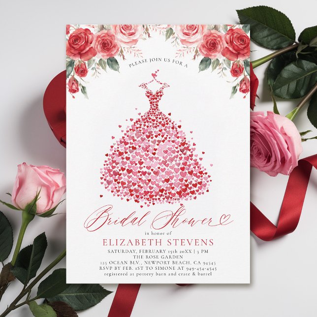 Invitation Valentine Coeurs Roses rouges Fête des mariées (valentine bridal shower invitations whimsical hearts watercolor elegant dress red roses elegant)