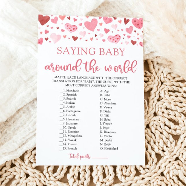 Invitation Valentine Dire Bébé Dans Le Monde Jeu (Watercolor Pink Red Hearts Valentine Sweetheart Girl Saying Baby Around The World Baby Shower Game)