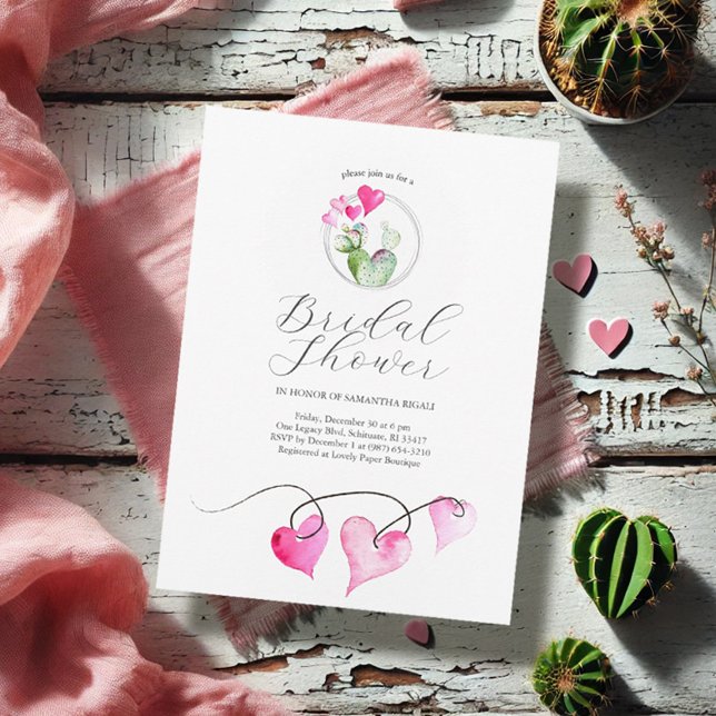 Invitation Valentine Fête des mariées à thème (Winter bridal shower invitations watercolor hearts and cactus art Victoria Grigaliunas DoTellABelle)
