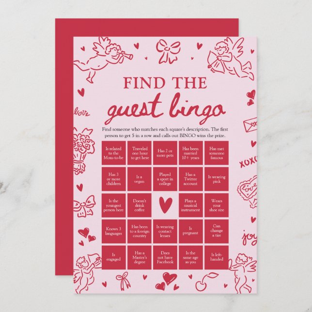Invitation Valentine Find the Guest Bingo Baby Shower Game (Devant / Derrière)
