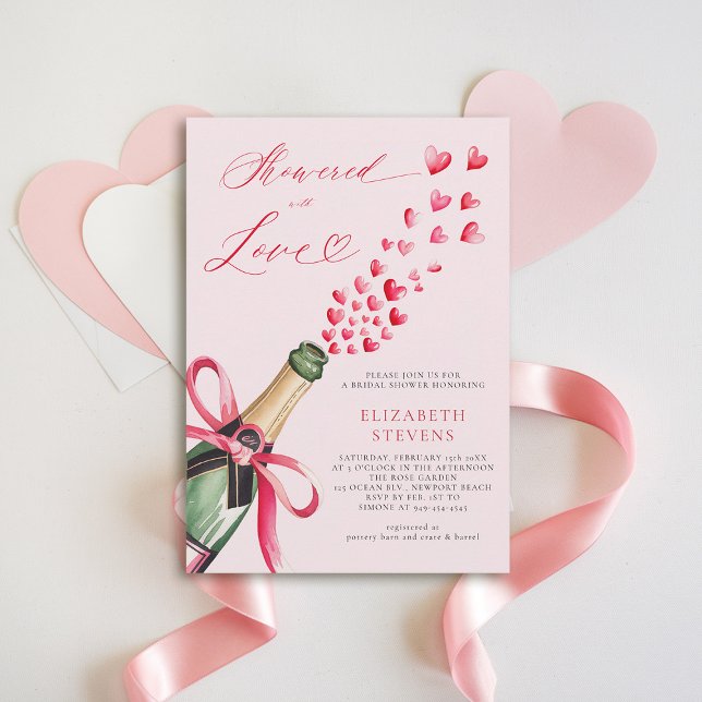 Invitation Valentine Hearts Bubbly Brunch Fête des mariées ro (valentine bridal shower invitation watercolor bubbly hearts bottle showered with love elegant)