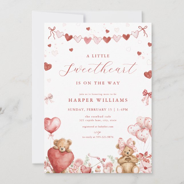 Invitation Valentine Love Bear Little Sweetheart Baby Shower  (Devant)