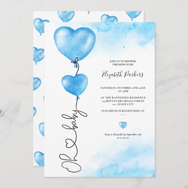Invitation Valentine oh bébé amour baby shower de coeur bleu (Devant / Derrière)