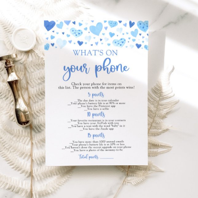 Invitation Valentine Qu'est-ce que vous avez sur votre téléph (Watercolor Cute Blue Hearts Valentine Sweetheart February Boy What's On Your Phone Baby Shower Game)