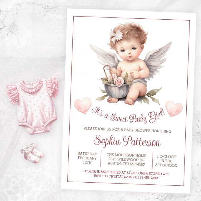 Invitation Valentine Sweet Baby Girl Baby shower (Sweet angel baby shower invitation. Instant download and printed invitations available.)