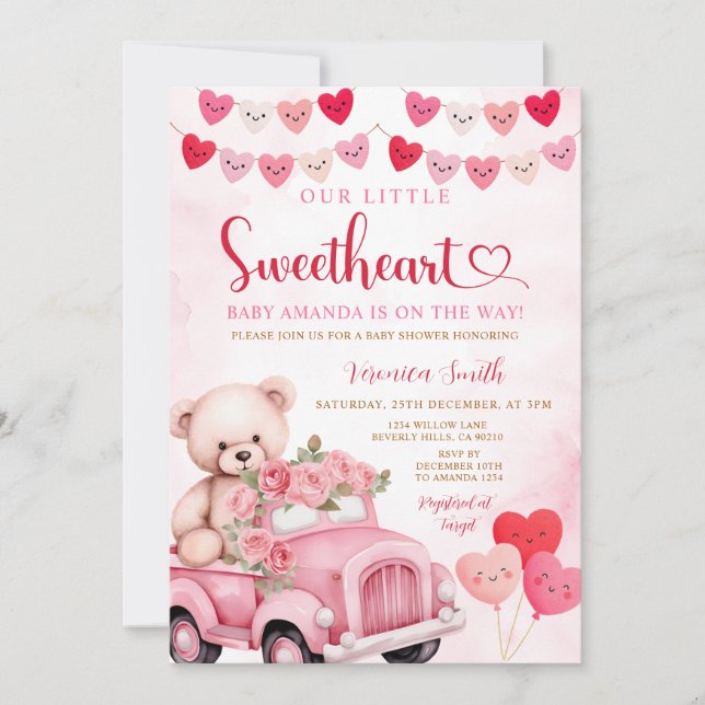 Invitation Valentine Sweetheart Bear Pink Truck Baby Shower (Devant)