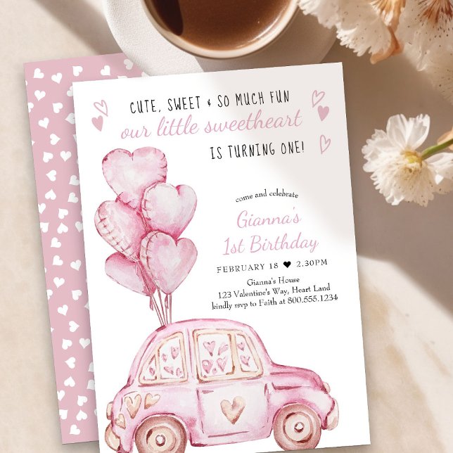 Invitation Valentine Sweetheart Pink Balloons 1er anniversair (Little Sweetheart 1st Birthday Invitation - order printed or as printable download)