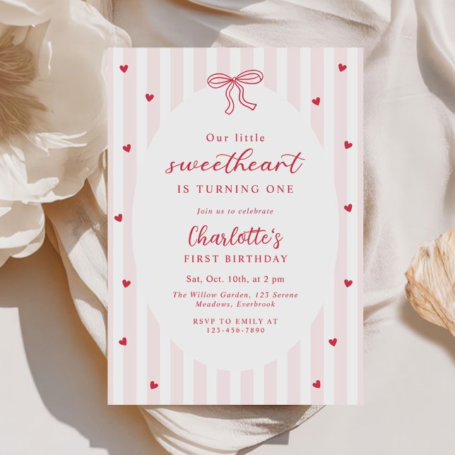 Invitation Valentine Sweetheart Pink Red Hearts 1st Birthday (Créateur téléchargé)