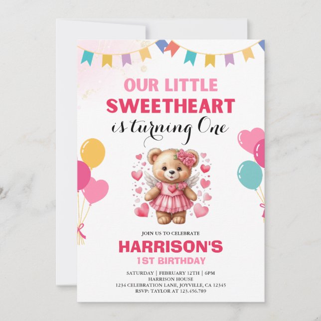 Invitation Valentine Sweetheart Pink Teddy Bear Anniversaire (Devant)