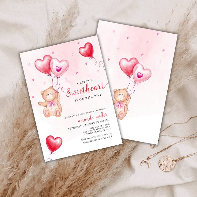 Invitation Valentine Teddy Bear Baby shower de ballon coeur (Valentine Teddy Bear Heart Balloon Baby Shower Invitation)