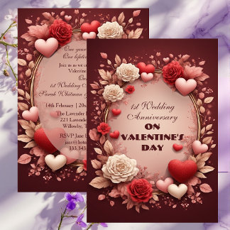 Invitation Valentines 1st Wedding Anniversary Burgundy Roses 