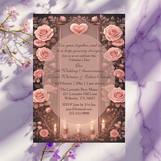 Invitation Valentines 5th Wedding Anniversary Burgundy Roses  (Valentines 5th Wedding Anniversary Burgundy Roses Invitation)