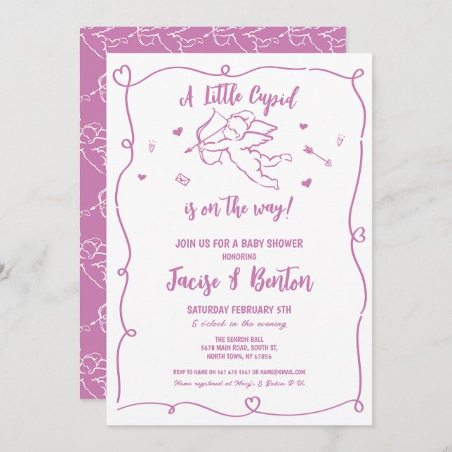 Invitation Valentines Baby shower Cupidé fille Rose amour (Devant / Derrière)