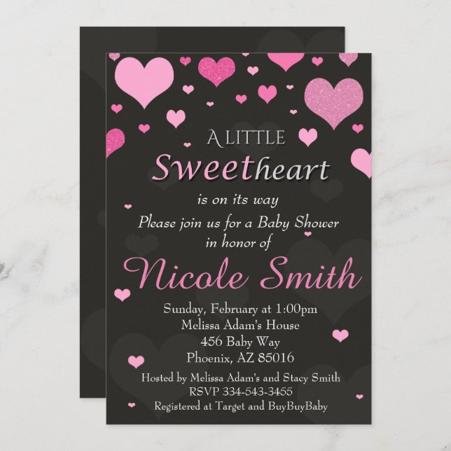 Invitation Valentines Baby shower Invitation, Douche Rose (Devant / Derrière)