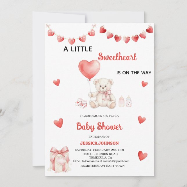 Invitation Valentine's Day Baby Shower Teddy Bear Hearts  (Devant)