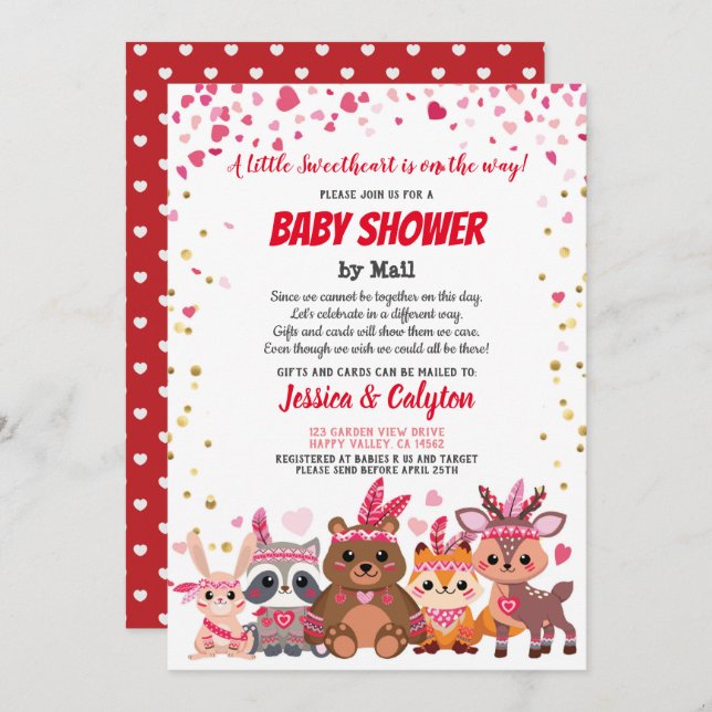 Invitation Valentines Day Sloth Girl Baby shower Par Mail Pin (Devant / Derrière)