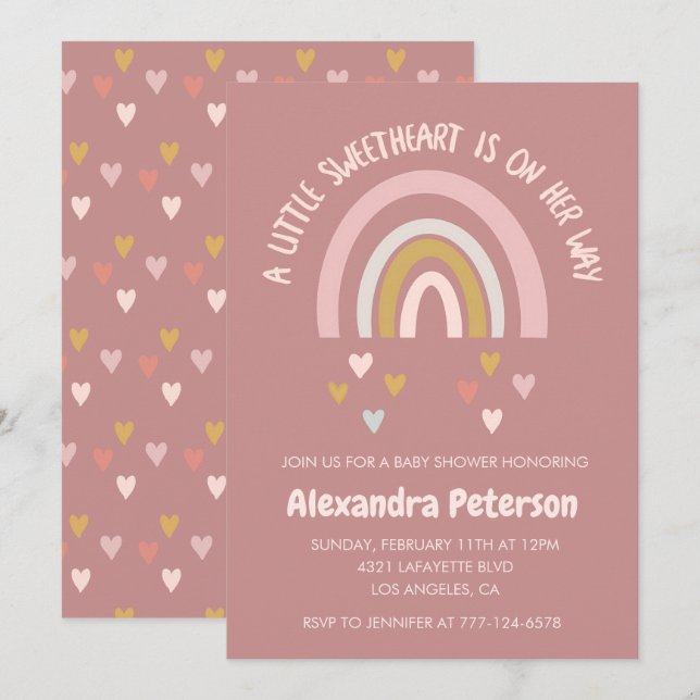 Invitation Valentines jour baby shower arc-en-ciel coeur (Devant / Derrière)