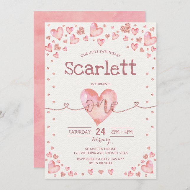 Invitation Valentines roses d'or rose amour 1er anniversaire (Devant / Derrière)