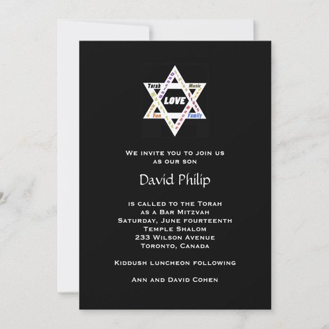 Invitation Valeurs juives Barre noire/Invitation Bat mitzvah (Devant)