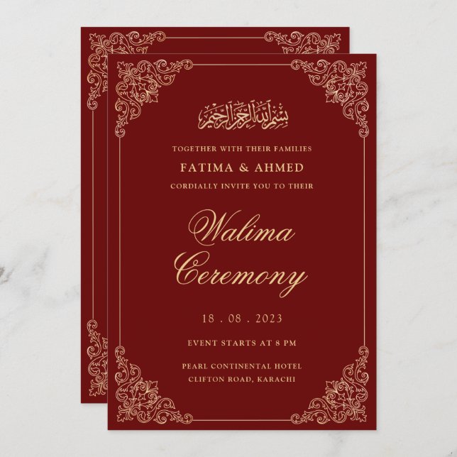 Invitation Valima Red Gold Mariage musulman islamique (Devant / Derrière)