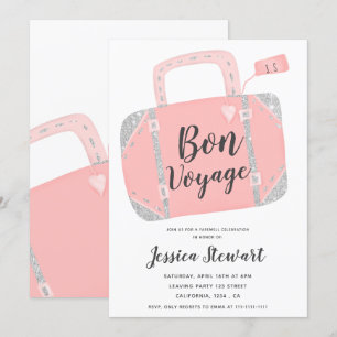 Invitation Valise bon voyage argent rose fête de départ