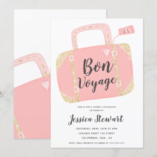 Invitation Valise bon voyage jaune or rose départ fête